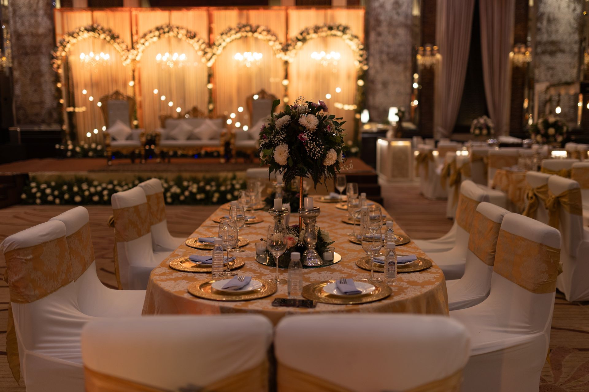 Elegant wedding reception hall with floral decor