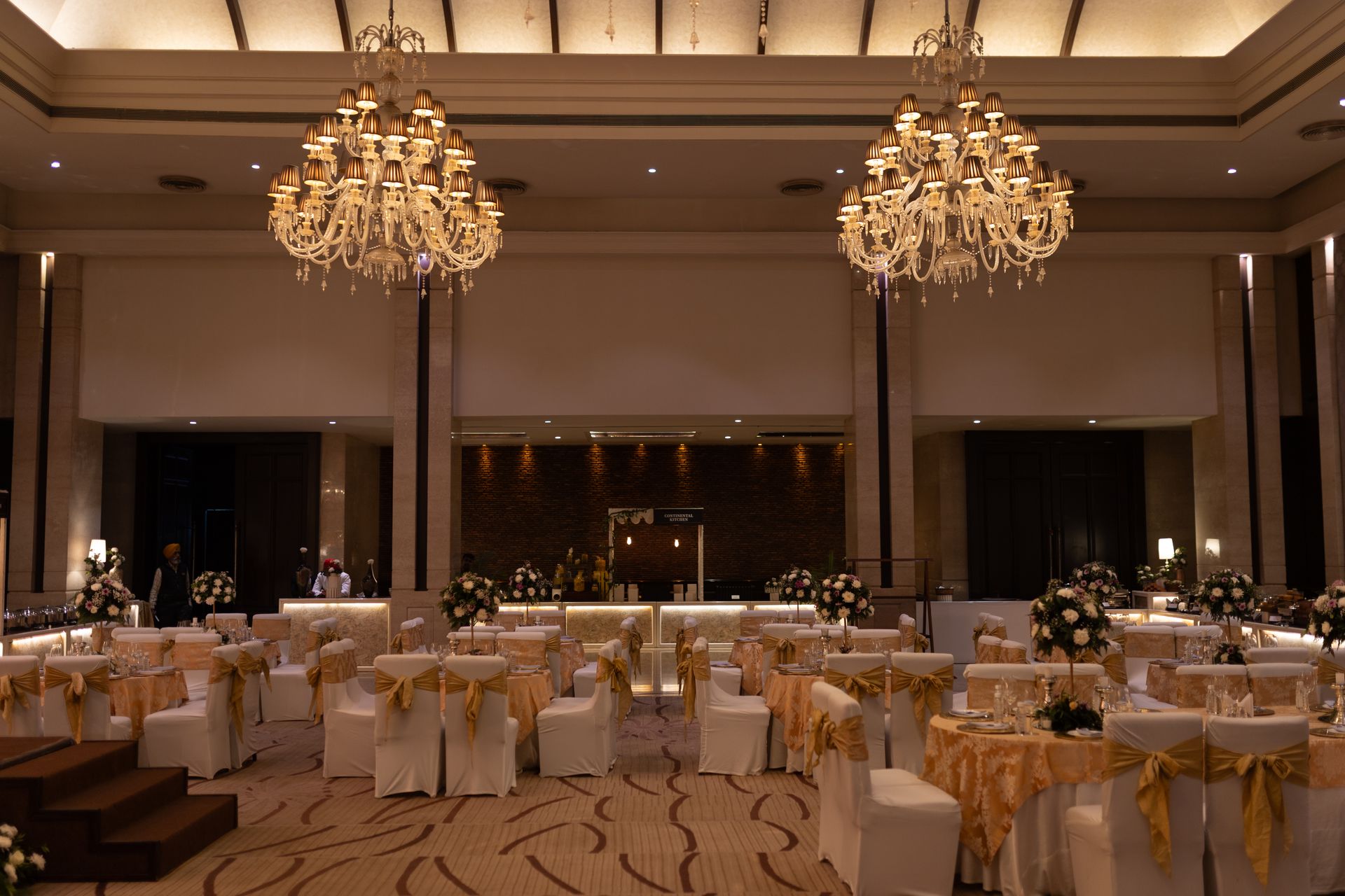 Elegant ballroom setup with chandeliers