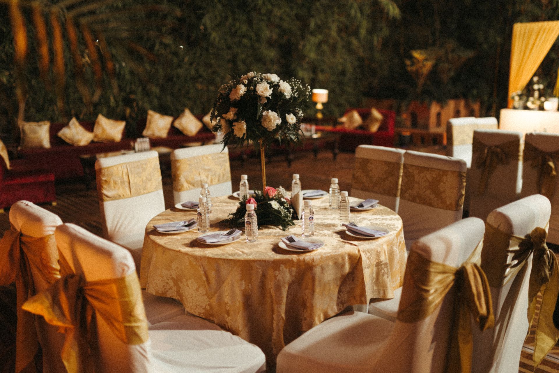 Elegant evening event reception with gold and turquoise accents